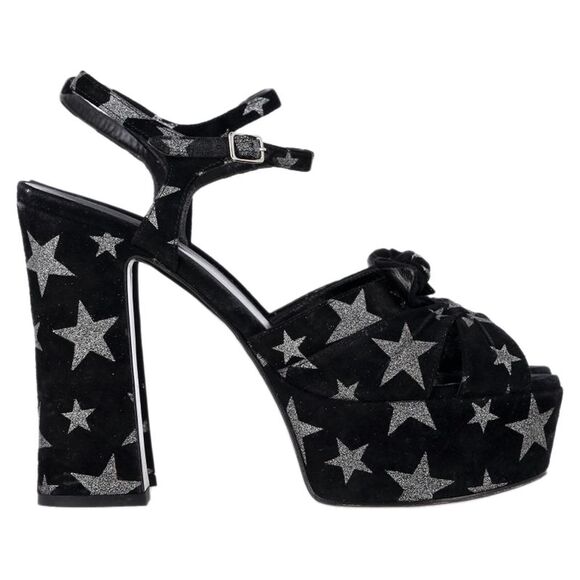 Saint Laurent Candy Star Print Platform Sandals in Black Suede - Picture 1 of 7